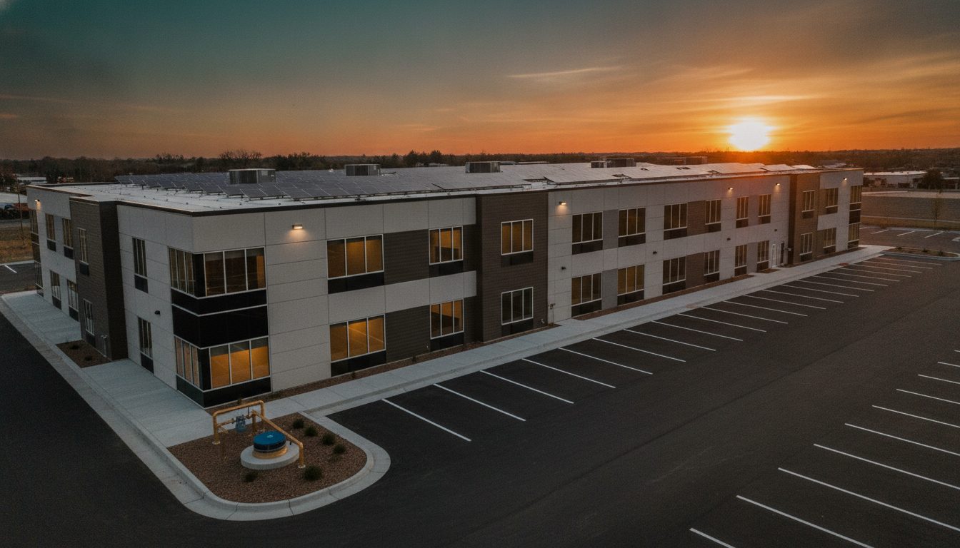 Un edificio comercial con energía solar en el techo y HVAC — cada solución Commonstead en su lugar.