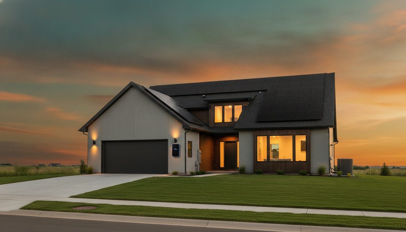 Una casa estadounidense moderna con paneles solares — cada solución Commonstead en su lugar.